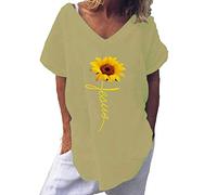 Camiseta de manga de girasol con estampado redondo para mujer, moda holgada, cuello corto, blusa para mujer, blusa verde neón, beige, XXL