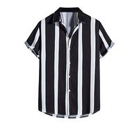 Camiseta de manga larga a rayas para hombre Camisas de un solo pecho para primavera y verano informales con estampado a rayas para playa de manga corta para vacaciones, Negro , XL