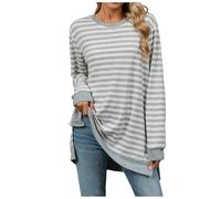 Camiseta de manga larga a rayas para mujer, informal, de invierno, con cuello redondo, Gris claro., M