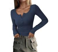 Camiseta de manga larga acanalada de color sólido para mujer, corte entallado, camiseta de punto elástico para un estilo versátil, azul oscuro, XL