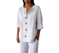 Camiseta de manga larga asiática para mujer 3/4 manga algodón lino abajo V cuello camisetas casuales sueltas Outfits Clothes regalo para hombre jubilación joven, blanco, XL