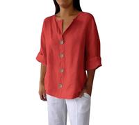 Camiseta de manga larga asiática para mujer 3/4 manga algodón lino abajo V cuello camisetas casuales sueltas Outfits Clothes regalo para hombre jubilación joven, rojo, XL