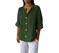 Camiseta de manga larga asiática para mujer 3/4 manga algodón lino abajo V cuello camisetas casuales sueltas Outfits Clothes regalo para hombre jubilación joven, verde, XL