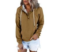 Camiseta de manga larga con botones para mujer, sudadera con capucha y cordón ajustable, suave, cómoda, cuello redondo, manga larga, ligera, para mujer, ajuste holgado, color liso, con capucha, verde