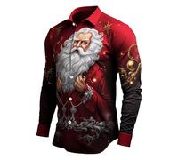 Camiseta de manga larga con botones y estampado de Papá Noel para hombre, Negro , S