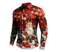 Camiseta de manga larga con botones y estampado digital de Papá Noel para hombre, Rojo sandía, M