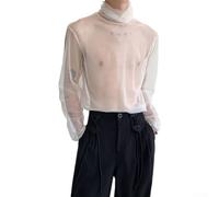 Camiseta de manga larga con cuello alto de malla transparente para hombre, ropa de calle, traje de baile, ropa de concierto, ropa blanca M-2XL (blanco XL)