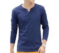 Camiseta de manga larga con cuello en V para hombre, ajuste delgado, casual, básica, color sólido, detalle de botones, capa base para primavera, otoño, uso diario, negro (L, azul)