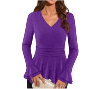 Camiseta De Manga Larga con Cuello En V para Mujer Elegante Chic Lentejuelas Volantes Corte Entallado Ligera Versátil Estilo Retro Color Liso SexPara Carnaval Fiestas