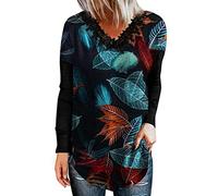 Camiseta de manga larga con cuello en V para mujer, estilo vintage, con estampado vintage, rojo, M