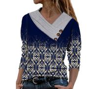 Camiseta de manga larga con cuello en V para mujer, informal, plisada, túnica, verano, elegante, azul, XXL