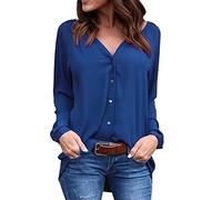 Camiseta de manga larga con cuello en V para mujer, manga larga, informal, holgada, de gasa, sexy, para fiesta, escote, azul, L