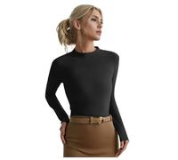 Camiseta de manga larga con cuello en V para mujer, Negro , 3XL