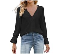 Camiseta de manga larga con cuello en V y encaje floral para otoño e invierno, Negro , L