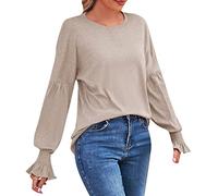 Camiseta de manga larga con cuello redondo para mujer, color sólido, camiseta de moda larga, informal, disfraz aeróbico para mujer, beige, XXL