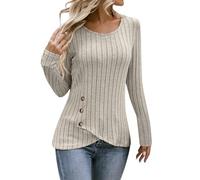 Camiseta de manga larga con cuello redondo para mujer con estampado, caqui, S