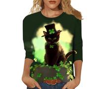 Camiseta de manga larga con cuello redondo para mujer, diseño de gato de cuatro hojas, cuello en V, amarillo, XL
