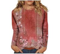 Camiseta de manga larga con cuello redondo para mujer, estilo casual y moderno, estampado, rojo, XL