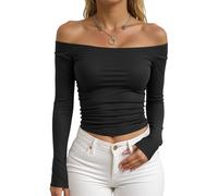 Camiseta de manga larga con cuello redondo y hombros descubiertos para mujer, elástica, básica para uso casual y atuendos diarios para el verano, Negro, XS