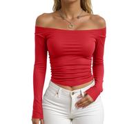Camiseta de manga larga con cuello redondo y hombros descubiertos para mujer, elástica, básica para uso casual y atuendos diarios para el verano, rosso, M