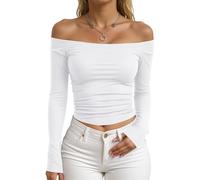 Camiseta de manga larga con cuello redondo y hombros descubiertos para mujer, elástica, básica para uso casual y atuendos diarios para el verano, blanco, XS