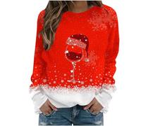 Camiseta de manga larga con estampado de Navidad para mujer, casual, ajuste holgado, sudadera de gran tamaño, camisetas gráficas, diseño de copa de vino, copo de nieve, cuello redondo, ropa de calle