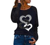 Camiseta de manga larga con estampado en forma de corazón con cuello redondo y encaje, talla grande, informal, suave y cálida, blusa para mujer, Negro , S