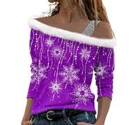 Camiseta de manga larga con estampado navideño de felpa con hombros descubiertos, suéter de Navidad para niñas, camiseta amarilla para mujer, Blanco, S