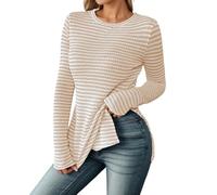 Camiseta de manga larga con estilo genérico para mujer, camisa de punto ajustada con ranuras laterales y diseño a rayas para una versatilidad Vestimenta, caqui, XL