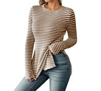 Camiseta de manga larga con estilo genérico para mujer, camisa de punto ajustada con ranuras laterales y diseño a rayas para una versatilidad Vestimenta, café, M