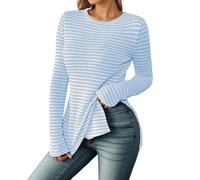 Camiseta de manga larga con estilo genérico para mujer, camisa de punto ajustada con ranuras laterales y diseño a rayas para una versatilidad Vestimenta, azul, M