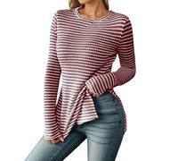 Camiseta de manga larga con estilo genérico para mujer, camisa de punto ajustada con ranuras laterales y diseño a rayas para una versatilidad Vestimenta, rojo, S