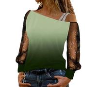 Camiseta de manga larga con hombros descubiertos para mujer, camiseta sexy con purpurina, camiseta de manga larga, camiseta sexy, Brazalete verde, M
