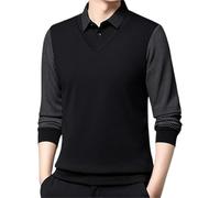 Camiseta de manga larga con solapa sintética de dos piezas para hombre, camisa de forro polar de dos piezas con solapa a rayas, camiseta casual de manga larga con cuello, Negro, L
