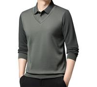Camiseta de manga larga con solapa sintética de dos piezas para hombre, camisa de forro polar de dos piezas con solapa a rayas, camiseta casual de manga larga con cuello, Bean Green, XXL