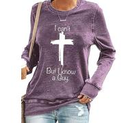 Camiseta de manga larga con texto en inglés "I Can't But I Know A Guy Cross, camiseta cristiana informal para mujer, moda de otoño e invierno, Morado (, 3XL