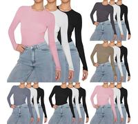 Camiseta de manga larga de 3 piezas de cuello redondo para mujer, de algodón, camiseta básica para mujer, ajustada, camiseta de manga larga, elástica, camiseta de corte ajustado, camiseta térmica