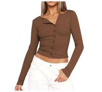 Camiseta de manga larga de alta calidad, estilo Y2 Fit con estilo Pure Desire, sexy, cuello para mujer, café, L