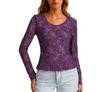 Camiseta de manga larga de encaje para mujer, transparente, cuello redondo, parte superior de malla, diseño floral, blusa de encaje, camiseta de malla para fiestas, morado, XXL