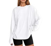 Camiseta de manga larga de gran tamaño, informal, básica, con cuello redondo, para uso diario, Blanco, S