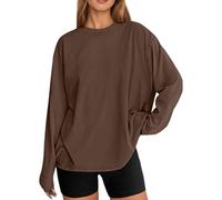 Camiseta de manga larga de gran tamaño, informal, básica, con cuello redondo, para uso diario, marrón, M