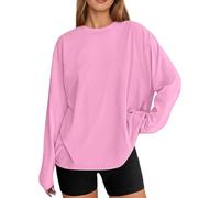 Camiseta de manga larga de gran tamaño, informal, básica, con cuello redondo, para uso diario, Rosa., M