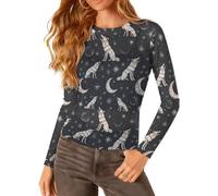 Camiseta de Manga Larga de Malla para Mujer White Wolf Star Moon, Cuello Redondo, Blusa Transparente con Ribete de Lechuga, Tallas S-5XL