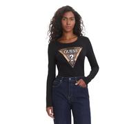 Guess Camiseta ecológica de manga larga Leo Triangle para mujer, Negro azabache, Large