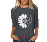 Camiseta de manga larga estampada para mujer, manga 3/4, camiseta con diseño de girasol, camiseta casual transpirable, camiseta de fantasía, camiseta de mezcla de algodón, top floral, gris, M