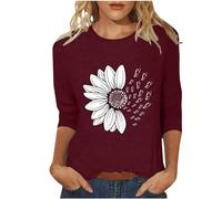 Camiseta de manga larga estampada para mujer, manga 3/4, camiseta con diseño de girasol, camiseta casual transpirable, camiseta de fantasía, camiseta de mezcla de algodón, top floral, Vino, M