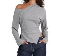 Camiseta de manga larga fruncida con hombros descubiertos para mujer, asimétrica, con abertura dividida, para trajes de moda diarios, camiseta ajustada a la moda para mujer, Multicolor, M