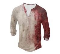 Camiseta de manga larga para hombre, blusa, polo, camiseta para hombre, camiseta de Halloween, informal, cuello redondo, tira de botones, estampado de manchas de sangre, talla grande, impresión