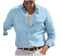 Camiseta de manga larga para hombre, camisa de verano para hombre, manga larga, con bolsillo en el pecho, camisa de algodón y lino, camisa de verano, camisa de trabajo, corte regular, camiseta de
