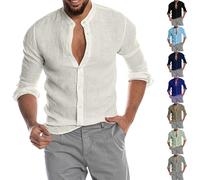 Camiseta de manga larga para hombre, con botones frontales, cuello en V, camiseta larga para músculo, camisetas retro casuales, ajustadas, para exteriores, ocio, vacaciones, con mangas enrollables
